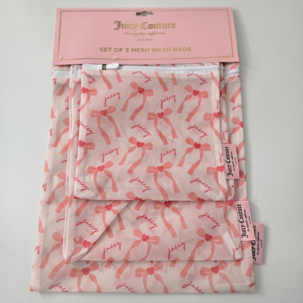 Juicy Couture Home Pink Logo Bow Heart Coquette Set of 3 Mesh Wash Bags